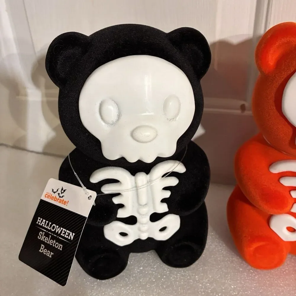 Halloween Skeleton felt Bears, 2 black and 1 orange 7 inches tall. New with Tags